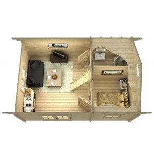 Grundriss Alpholz Gartenhaus Arizona mit Satteldach, unbehandelt, zeigt Wohn-, Schlafbereich und Treppe.