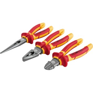 LUX Zangensatz, 3-teilig: Seitenschneider, Kombizange, Spitzzange mit rot-gelben Griffen.