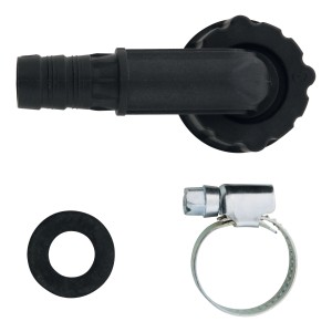 Winkel-Schlauchverschraubung 90° aus Kunststoff mit Schelle und Dichtung.