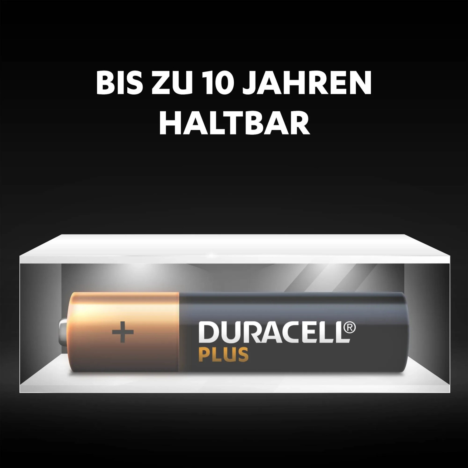 Duracell AA Batterie im Regal, bis zu 10 Jahre haltbar.