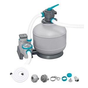 Bestway Sandfilteranlage mit grauem Filtertank, Pumpe, 6-Wege-Ventil, weißen Schläuchen und Zubehör für Pool.