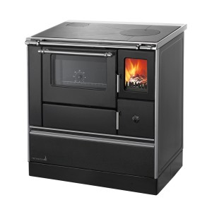 Schwarzer Westminster Küchenofen K 176 FA-90 links mit Kochplatte und Backofen.