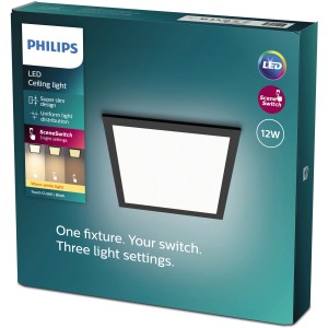 Verpackung der quadratischen, schwarzen Philips LED-Deckenleuchte Touch SceneSwitch 12W mit verschiedenen Lichteinstellungen.