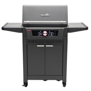 Char-Broil Evolve Gasgrill mit Dualzone, App-Steuerung & Tru-Infrared System. Grillwagen in Grau mit digitalem Display.