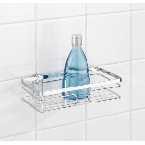 Wenko Wandablage Premium, 24 cm, Edelstahl glänzend mit blauer Flasche, zur Bad- und WC-Ausstattung.