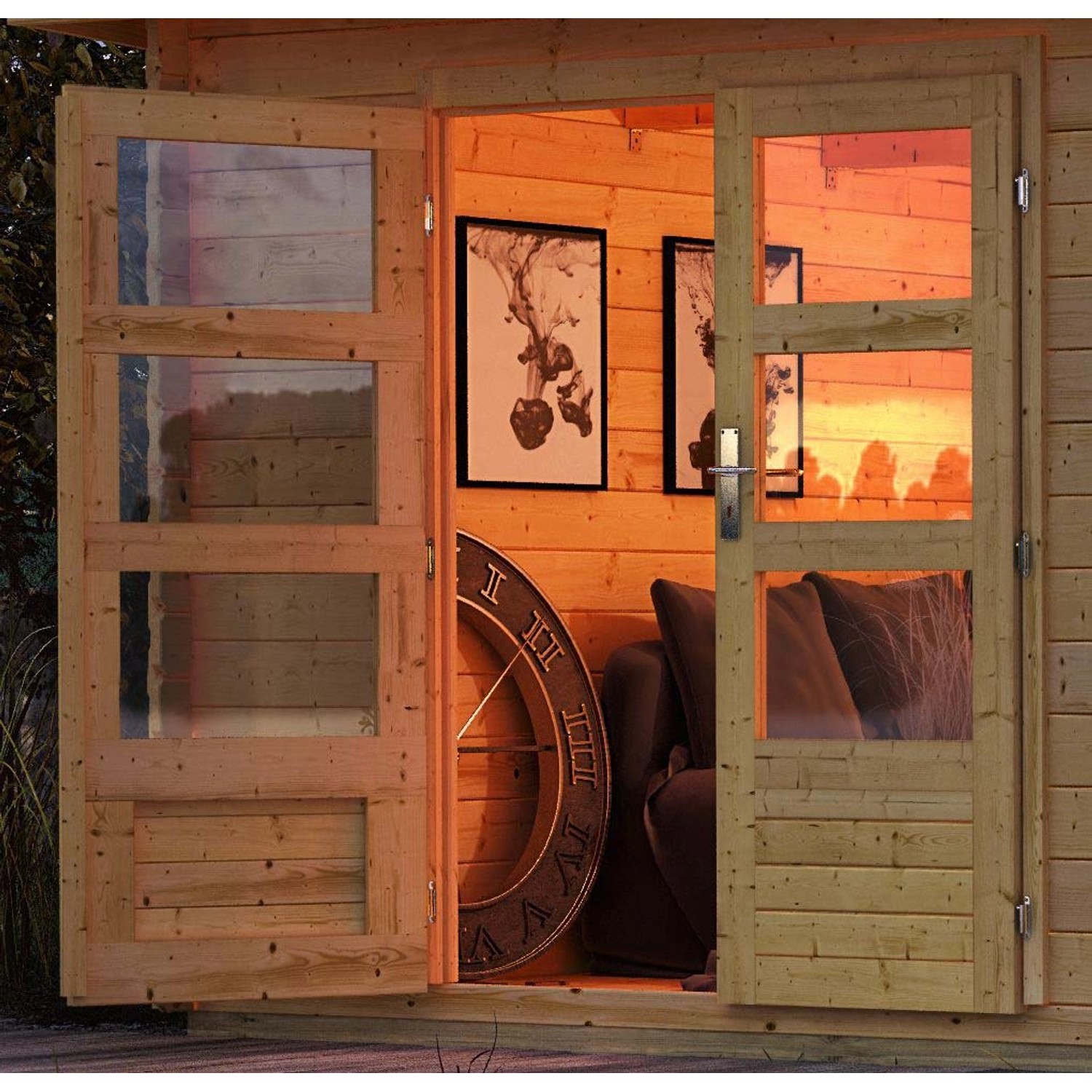 Offene Doppeltür des unbehandelten Karibu Holz-Gartenhauses Kumla 7 mit Pultdach.