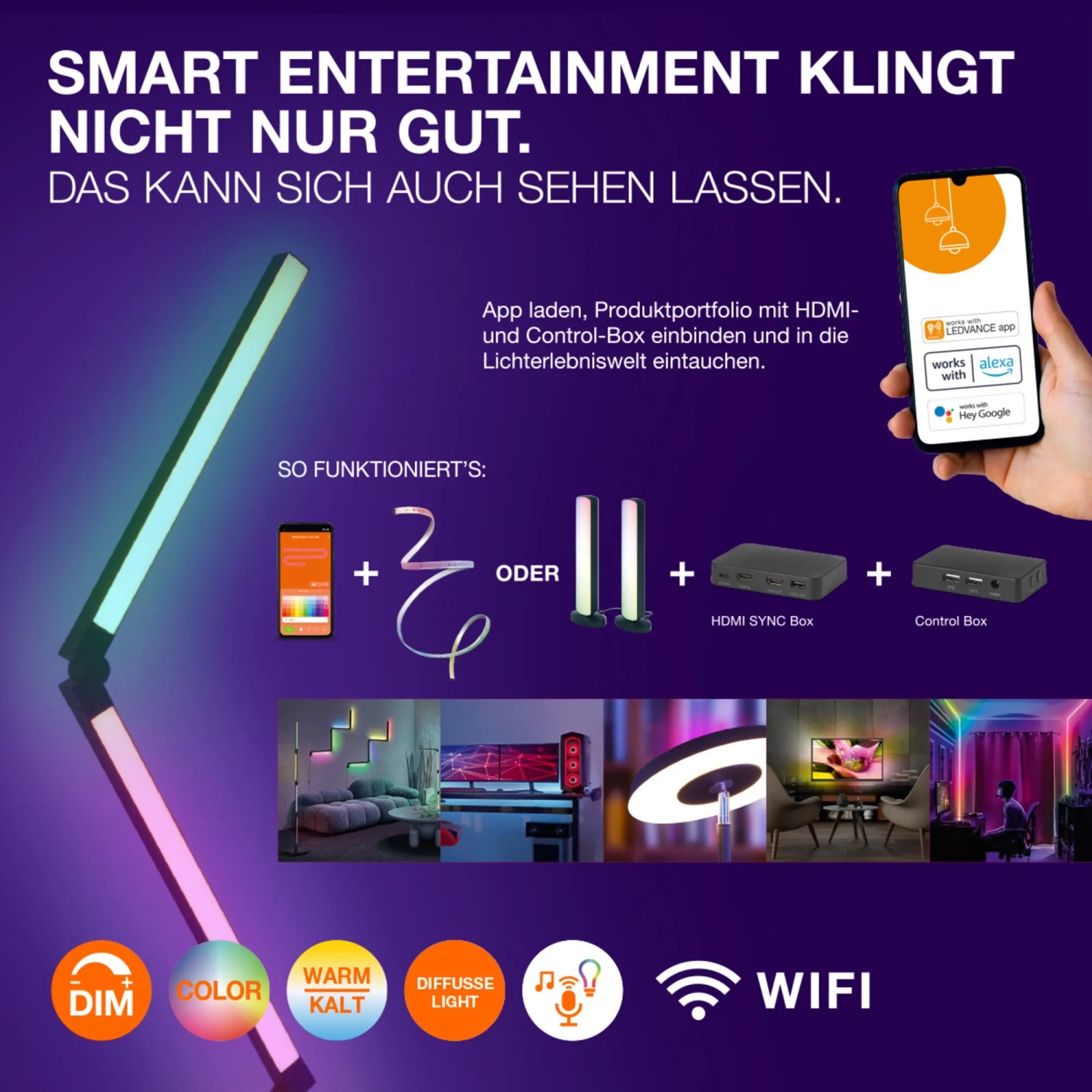 LEDVANCE Smart WiFi Leuchten Set mit farbiger Ambiente Beleuchtung für Entertainment Bereiche.