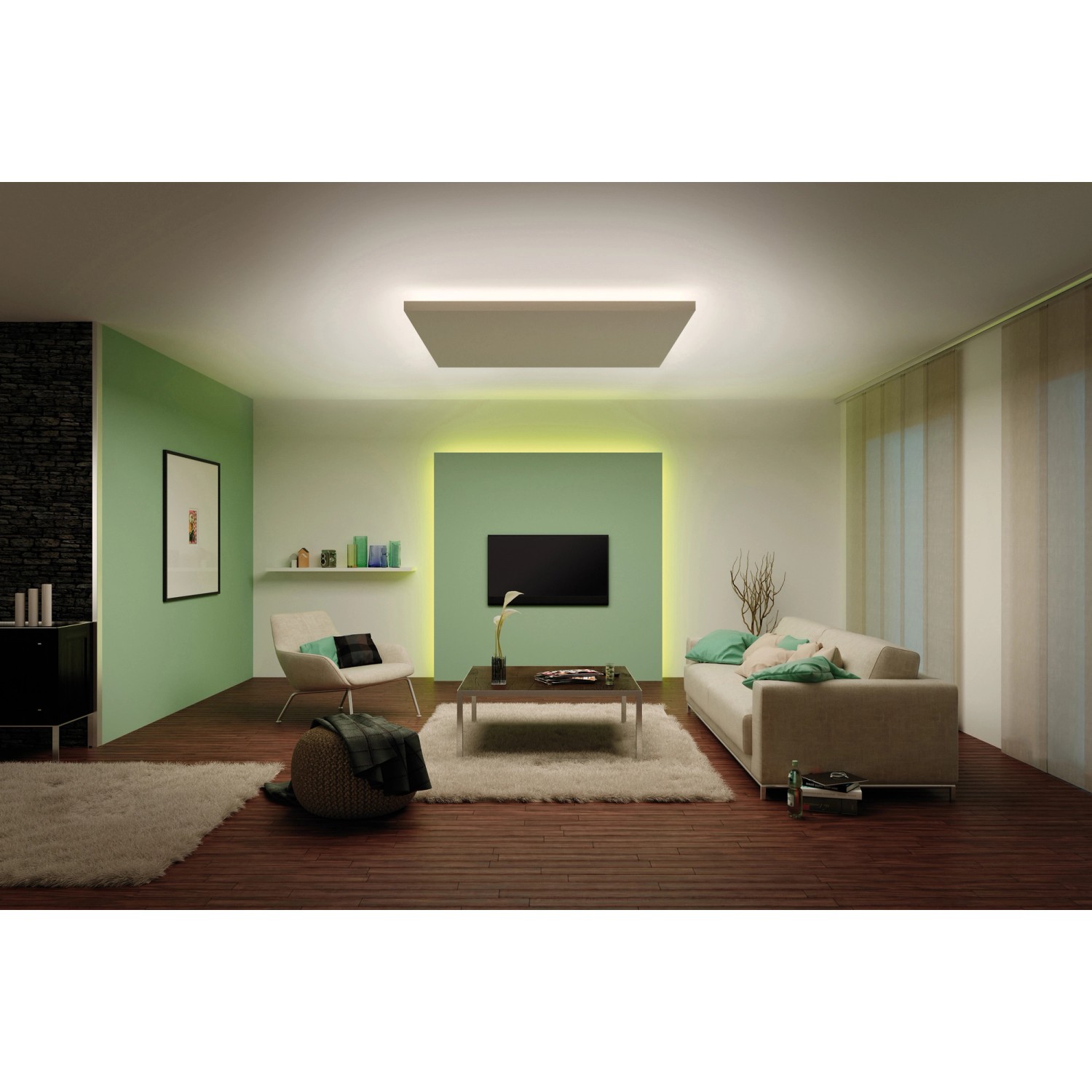 Wohnzimmer mit Paulmann LED-Strip MaxLED als indirekte Beleuchtung an Decke und Wand.