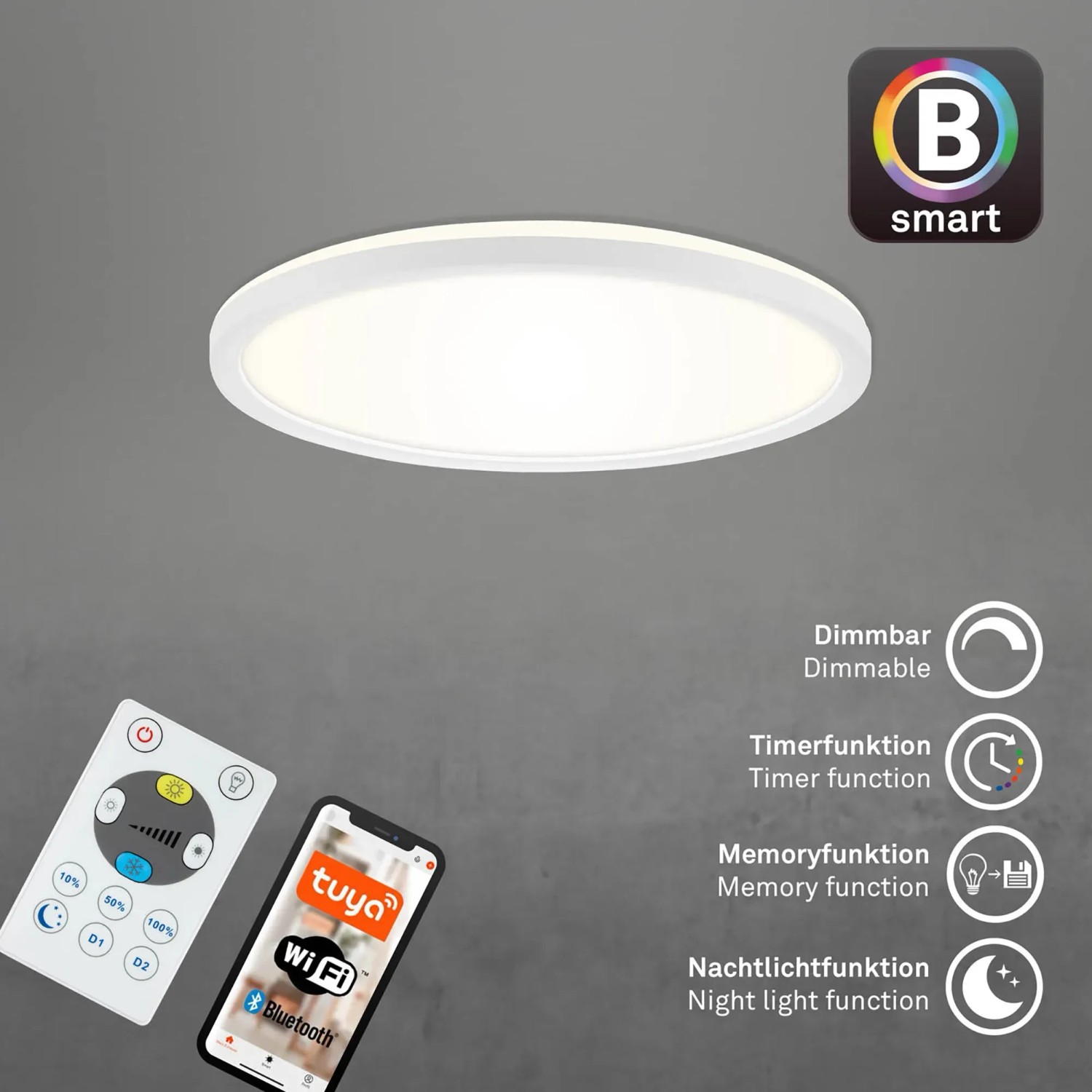 Brilo Wifi Deckenleuchte Slim Smart, weiße LED Deckenlampe mit App- und Sprachsteuerung, dimmbar.