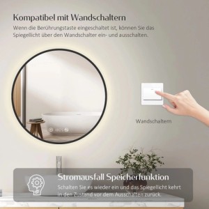 Runder Emke LED Badspiegel, schwarz, beleuchtet, mit Uhr, Temperatur und Wandschalter-Funktion.