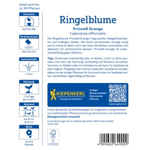 Kiepenkerl Ringelblume Prinzess Orange, orangefarbene Blüte auf der Saatgutpackung.