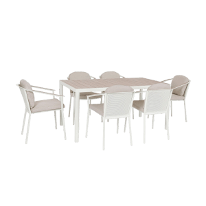 Bizzotto Lounge-Gartenmöbel Set: Tisch mit Holzoptik, 6 weiße Stühle mit beigen Kissen.