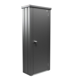 Dunkelgrauer Biohort Terrassenschrank Julia S High. Schmaler Gartenschrank aus Metall mit Einzeltür und Griff.
