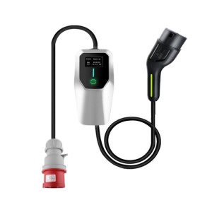Junsun mobiles EV Ladegerät 22kW, 3-phasig. Silberne Steuereinheit, roter CEE 32A, schwarzer Typ 2 Stecker.