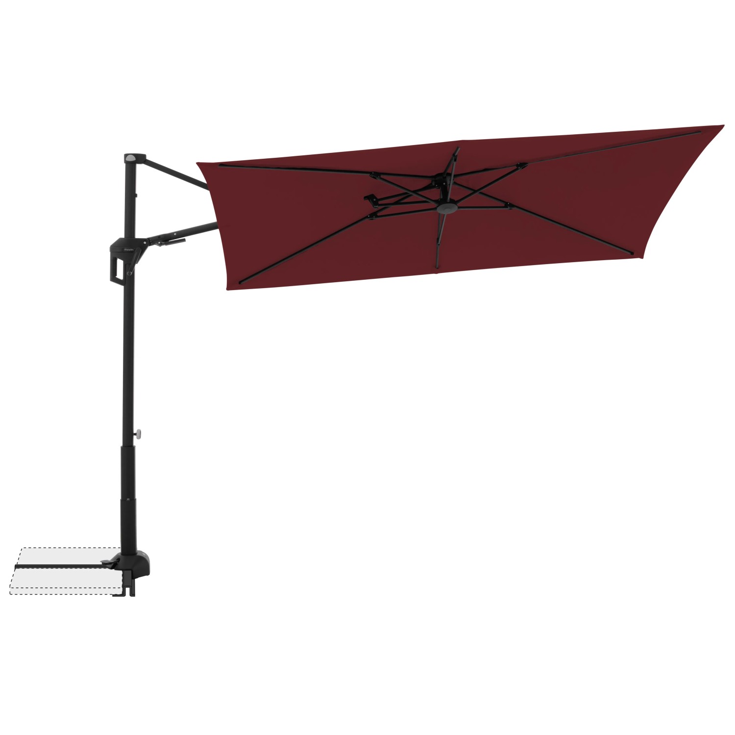 Rechteckiger, bordeauxroter Doppler Balkonschirm Active Green Edition, 240x135 cm, mit schwarzem Gestell.