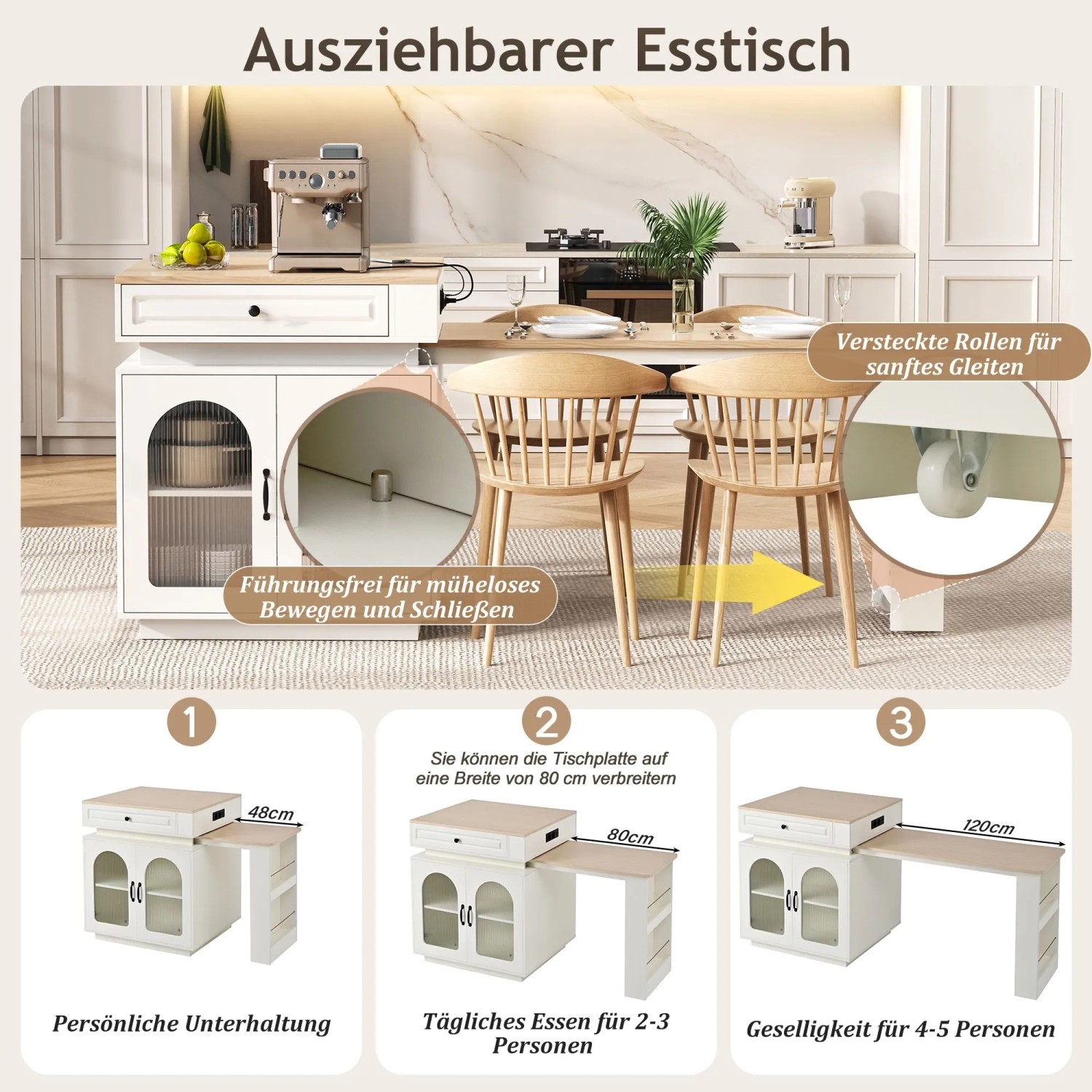okwish Kücheninsel mit Rollen Ausziehtisch LED Beleuchtung Steckdosenleiste 128-200x71x92cm Weiß_8