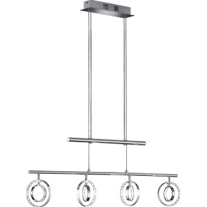 Moderne LED-Pendelleuchte JoJo, chromfarben, mit vier runden Leuchtelementen. Höhenverstellbar.