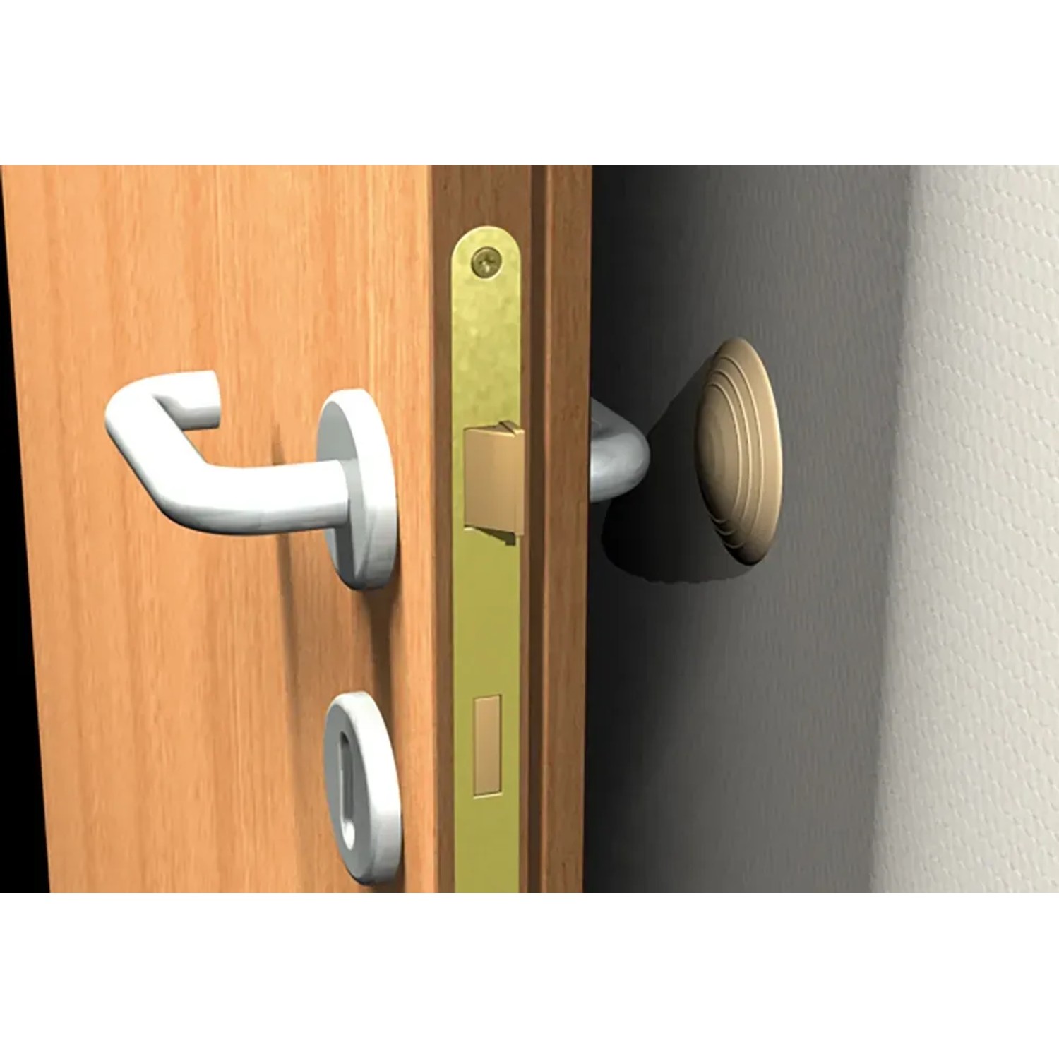 Detailaufnahme einer Holztür mit Türbeschlag und Griff.