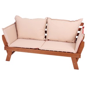 Gartenbank Fortuna 2-Sitzer aus Eukalyptusholz mit beigen Auflagen und Kissen.