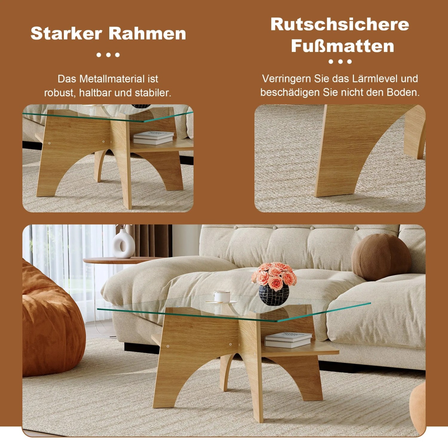 okwish Beistelltisch mit Sicherheitsglas Quadratisch Wohnzimmer Büro 80x80x40cm Natur_6