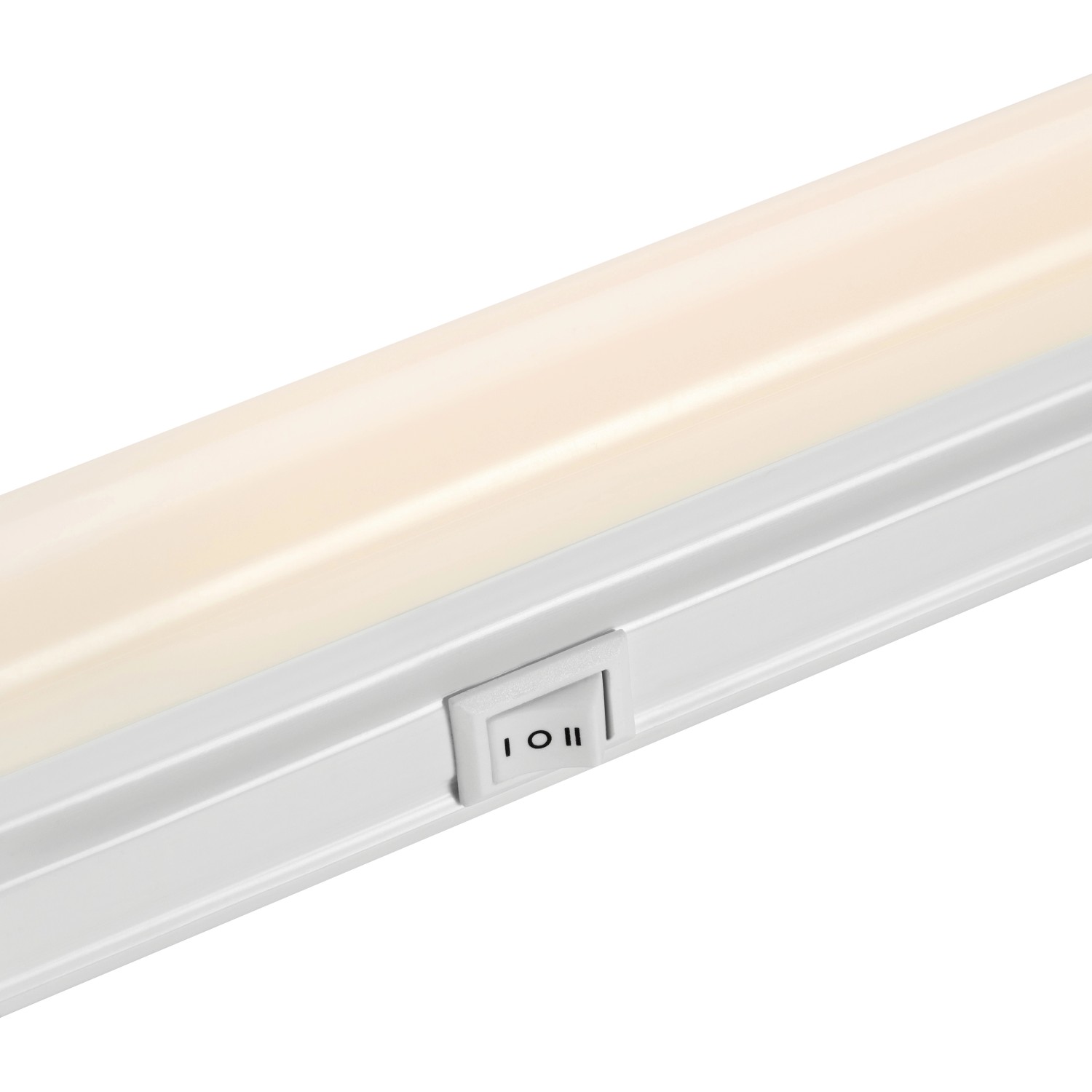 Weiße LED-Lichtleiste mit Schalter, geeignet zur Küchenbeleuchtung.