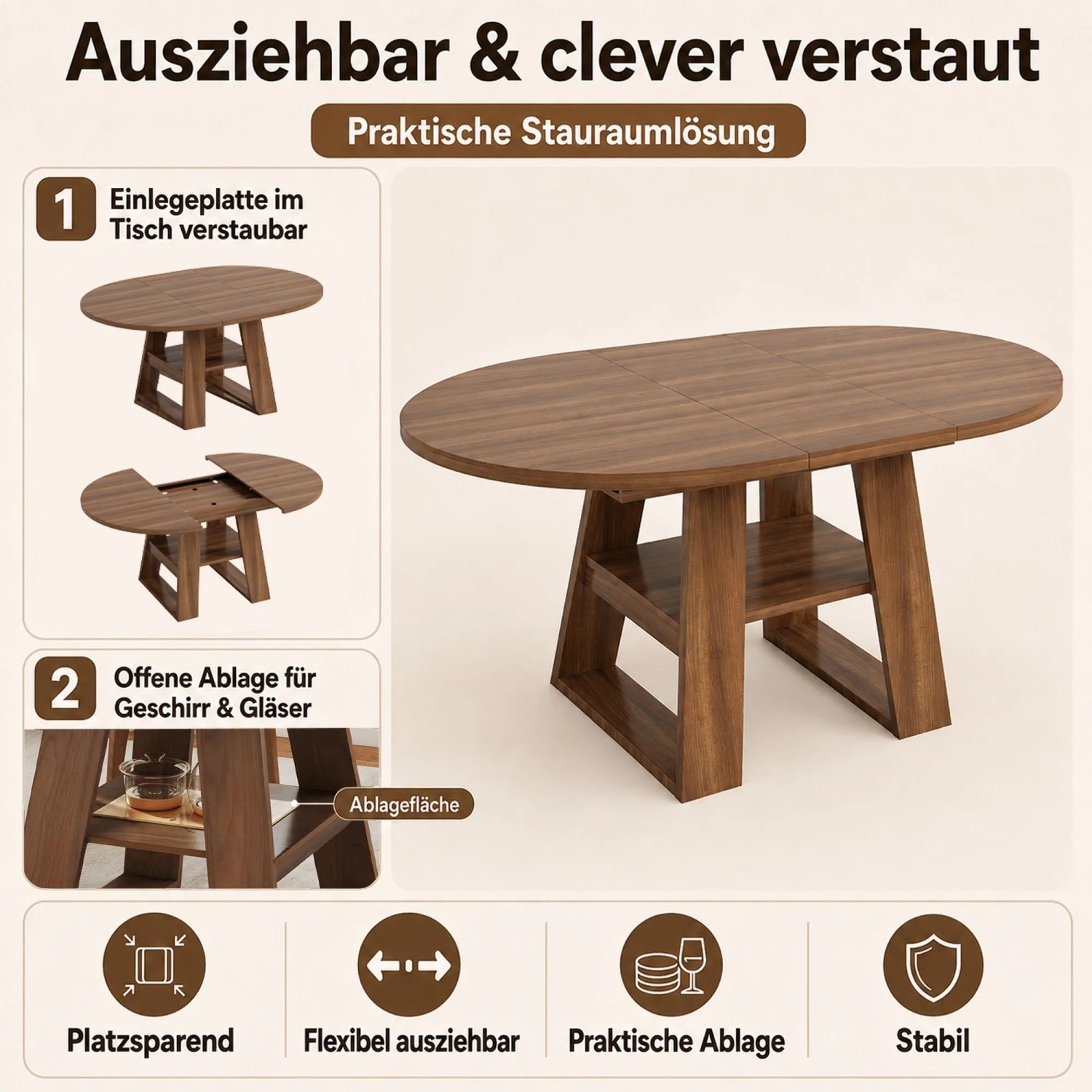 Merax Ausziehbarer Esstisch Rund 110 150 cm mit Stauraum Walnuss 4 Bis 6 Personen kaufen bei OBI
