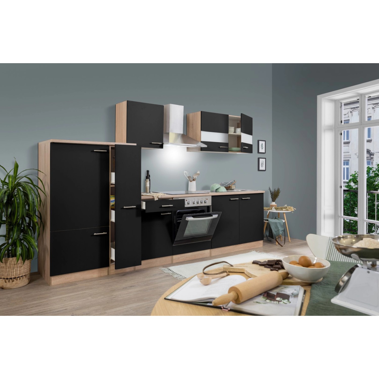 Respekta Küchenzeile KB300ESSC in Schwarz-Eiche Sägerau Optik mit Elektrogeräten und viel Stauraum.