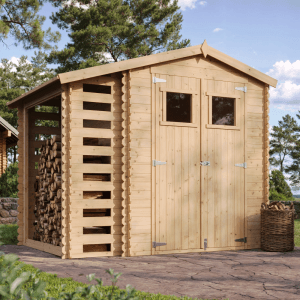 Timbela Holz-Gartenhaus M386 mit Holzlager, beige-braun, 4,47 m².