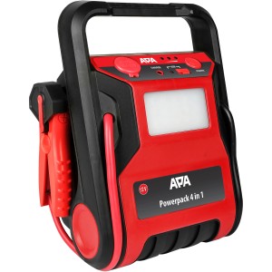 APA Starthilfe Powerpack 300 A mit Kompressor, rot/schwarz, mit Klemmen, USB-Anschluss und Arbeitsleuchte.