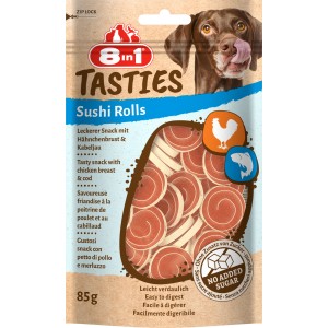 8in1 Hunde-Natursnacks Sushi Rolls mit Hähnchen und Kabeljau, 85g Packung.