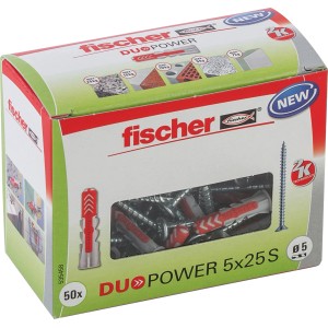 Fischer Dübel DuoPower 5x25 mm im Karton mit Schrauben, geeignet für verschiedene Baustoffe.