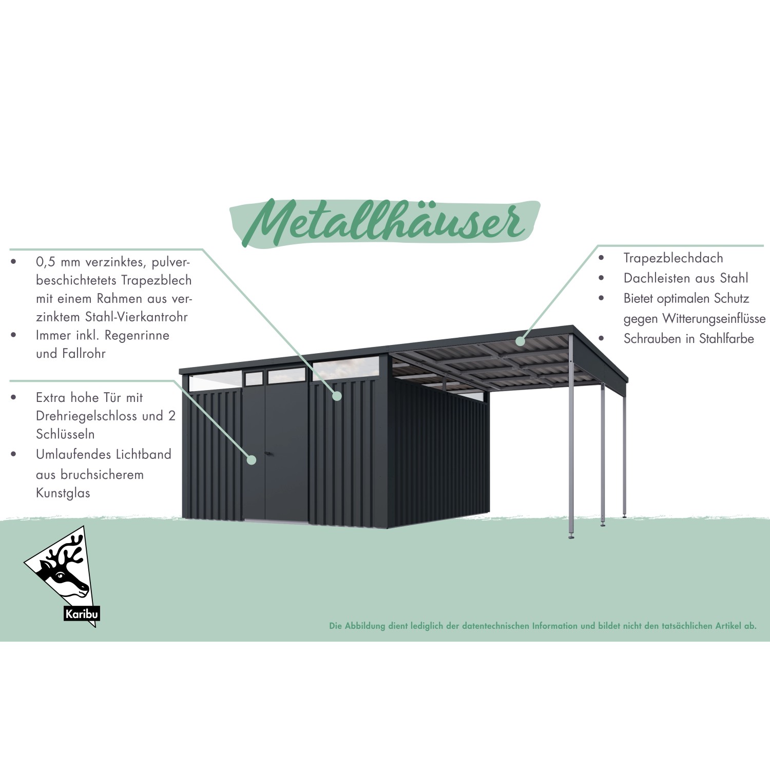 Karibu Gartenhaus Amato 1,5 in Graualuminium: Gerätehaus mit Trapezblech, Lichtband und Regenrinne.