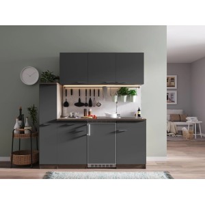 Respekta Küchenzeile KB180EYG, 180 cm, Grau/Eiche York Nachbildung mit Spüle und Kühlschrank.