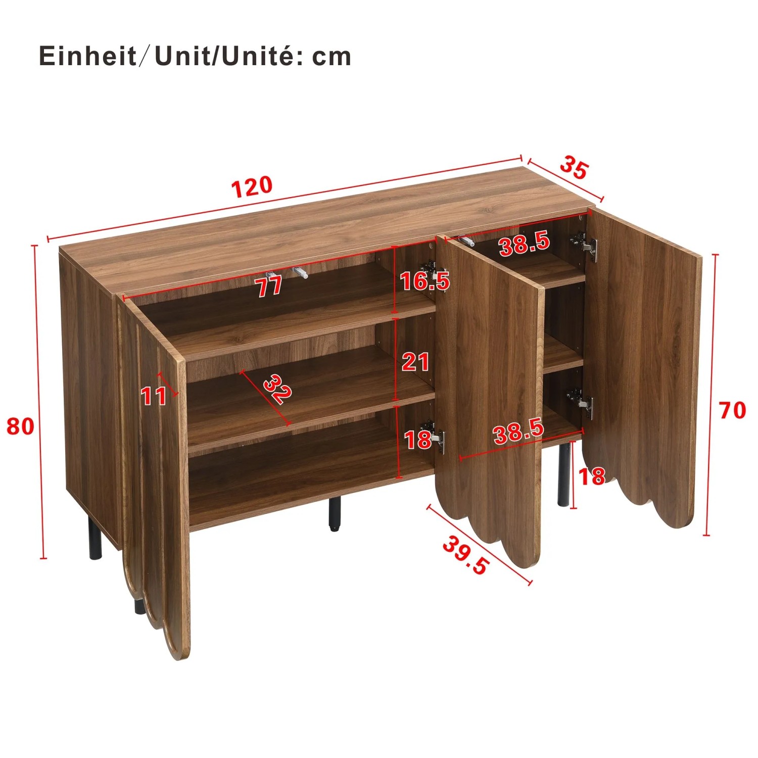okwish Sideboard mit Wellentüren Wohnzimmer Flur Esszimmer 120x35x80cm Braun_5