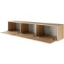 Selsey TV-Hängeboard Framme 150 cm Eiche-Holzoptik. Drei geöffnete Klappen mit Push-to-Open-System.