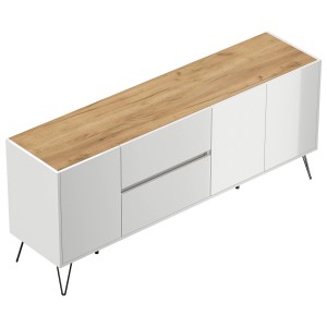 Posseik Sideboard Industrial I, weiß/Eiche, 180 cm, mit 2 Schubladen und 3 Türen.
