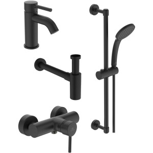 Ideal Standard Ceraline Armaturen-Bundle in Schwarz: Waschtisch-, Brausearmatur, Brausekombination, Siphon.