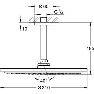 Technische Zeichnung: Grohe Rainshower Cosmopolitan 310 Kopfbrause-Set mit Deckenauslass, Maße und Winkelangaben.