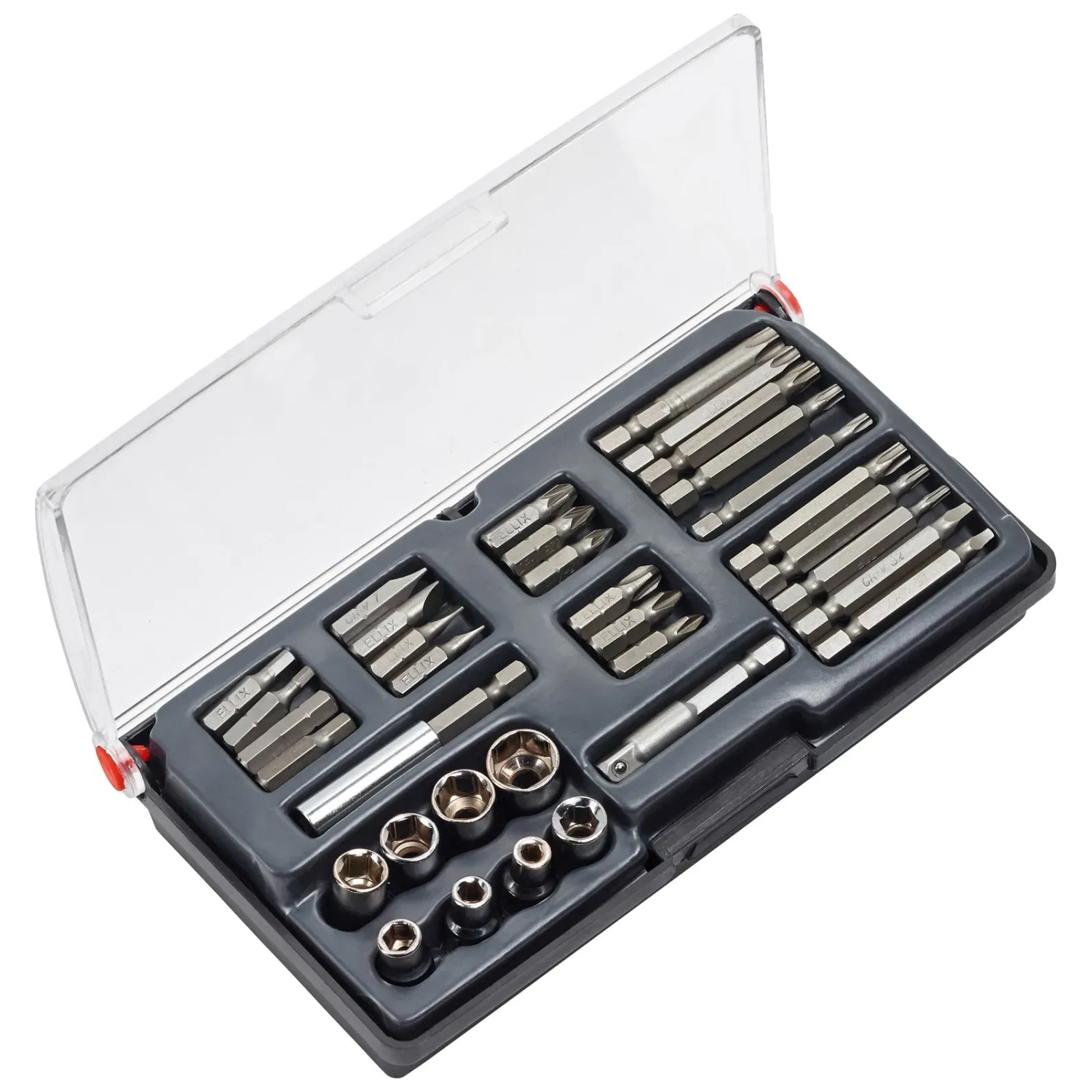 34-teiliges Bit- und Steckschlüssel-Set im Koffer, verschiedene Größen und Formen.