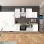 Moderne, weiße Hochglanz Küchenzeile Valero 360 cm mit E-Geräten und Holzoptik Arbeitsplatte.