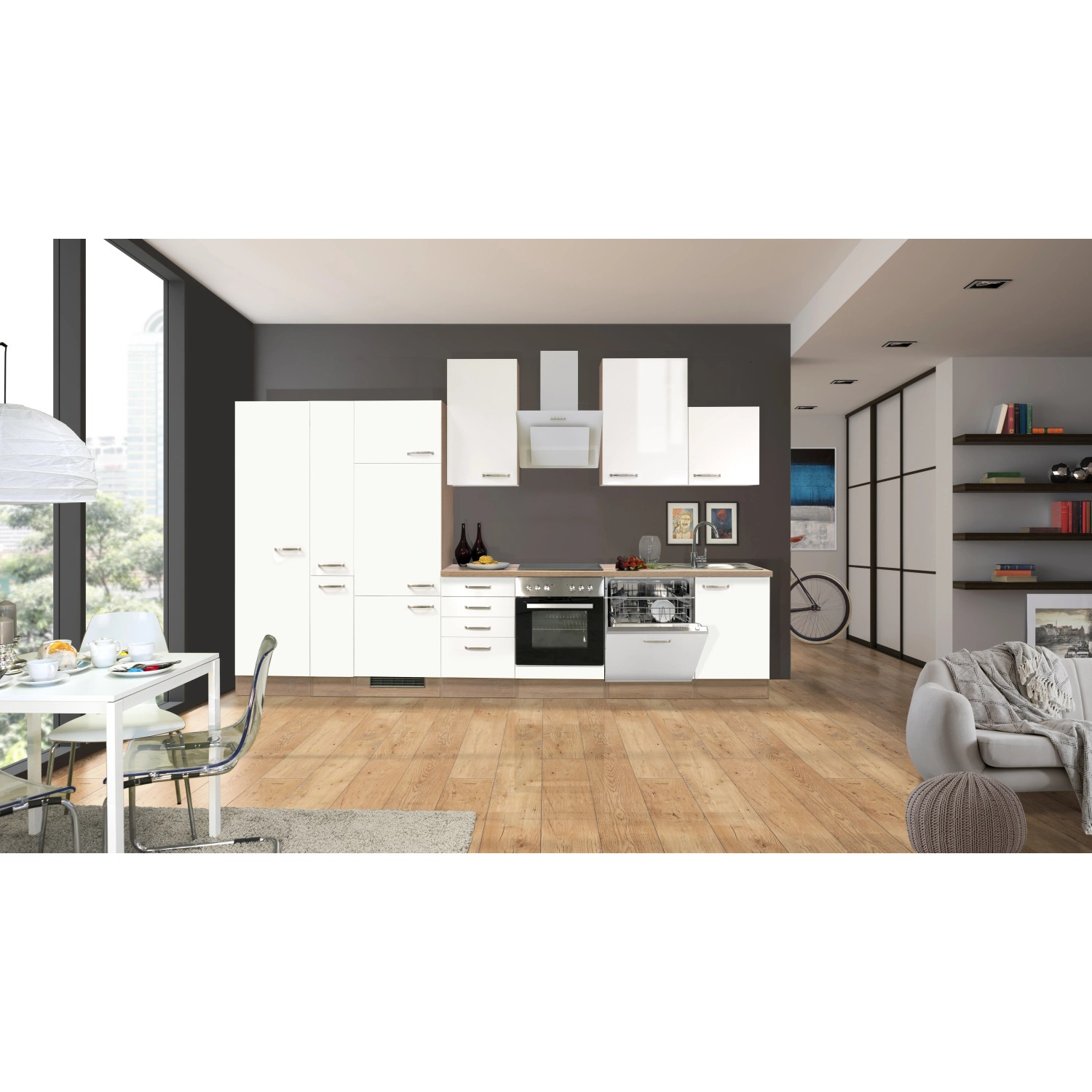 Moderne, weiße Hochglanz Küchenzeile Valero 360 cm mit E-Geräten und Holzoptik Arbeitsplatte.