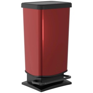 Roter Rotho Treteimer Paso, 40 Liter, mit Pedal und schwarzem Deckel. Mülleimer im Metallic-Look.