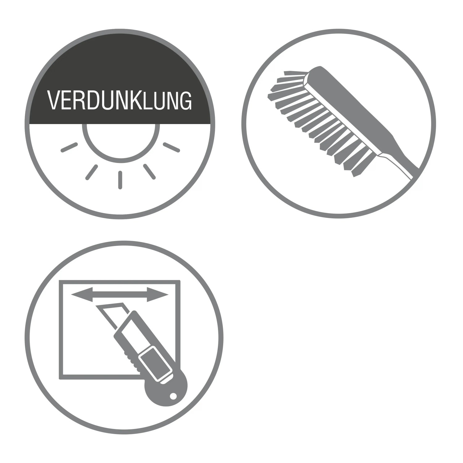 Symbole für Verdunkelung, Reinigung und Zuschnitt des Gardinia Blackout Rollos.
