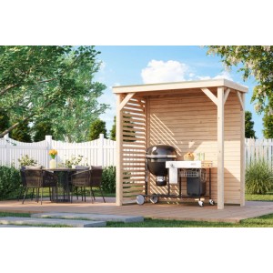 Karibu Pavillon Cannes Outdoorkitchen-Set S, naturbelassen, mit Grill und Sitzgruppe auf Terrasse.