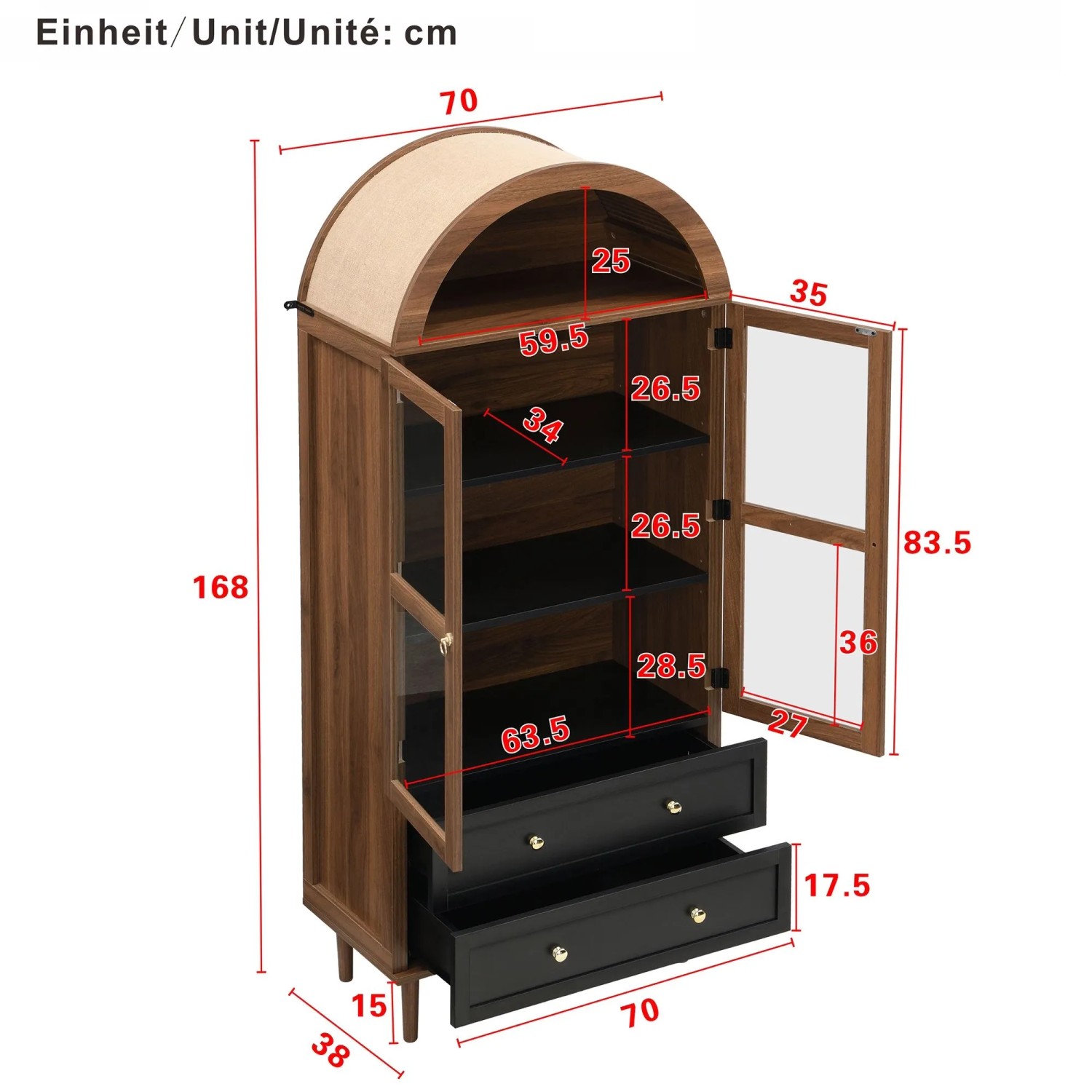 okwish Kommode mit Gewölbtem Glas Verstellbaren Regalen Wohnzimmer 70x38x165cm Schwarz_5