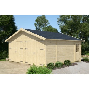 Skan Holz Holzgarage Varberg, naturbelassene Fertiggarage mit Doppeltor und Einzeltür.