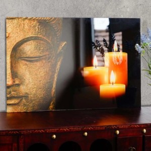 Glasbild Buddha 40x60 cm mit Kerzen, Deko für Wohnraum.