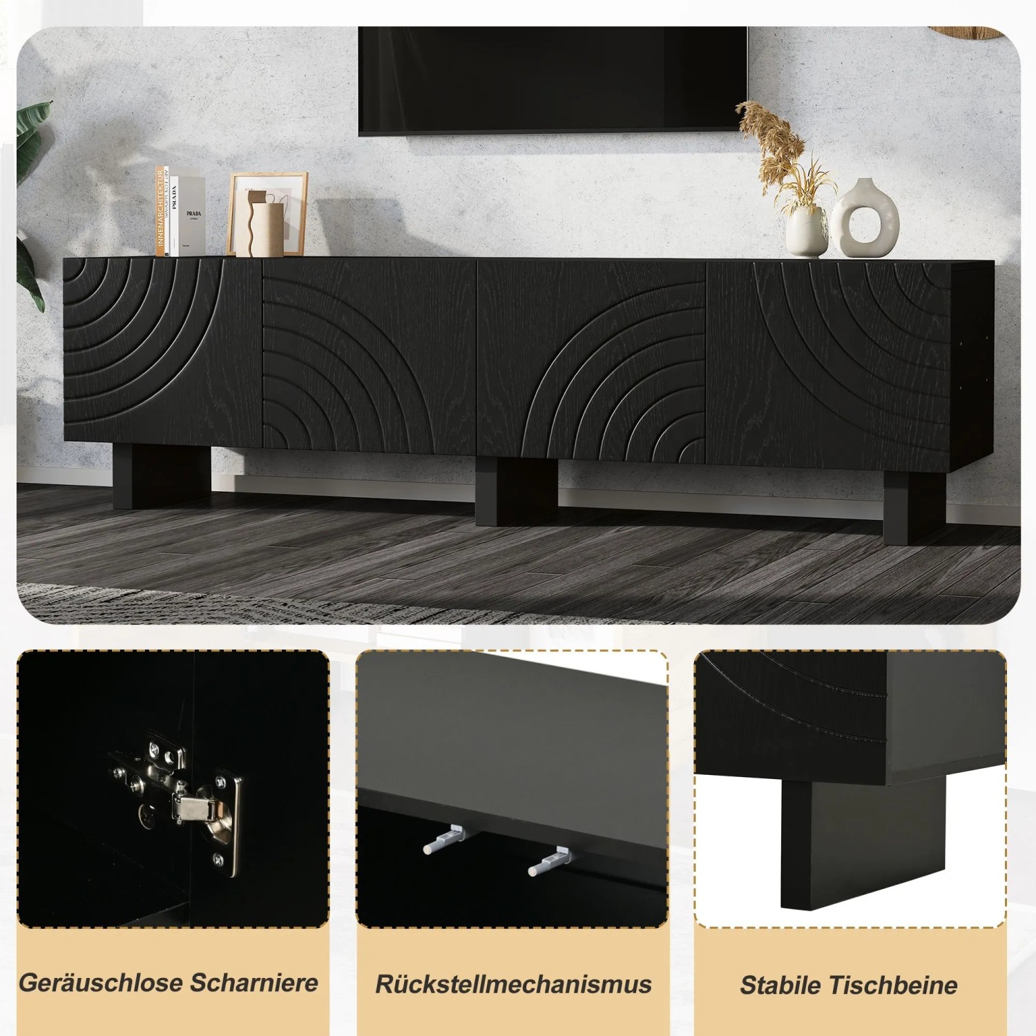 okwish TV-Bank Mit Struktur 4 Türen Wohnzimmer 180x40x55cm Schwarz_6