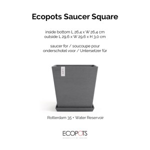 Ecopots Untersetzer Rotterdam Eckig Grau, 29,6 cm. Quadratischer Pflanzuntersetzer für Innen & Außen.