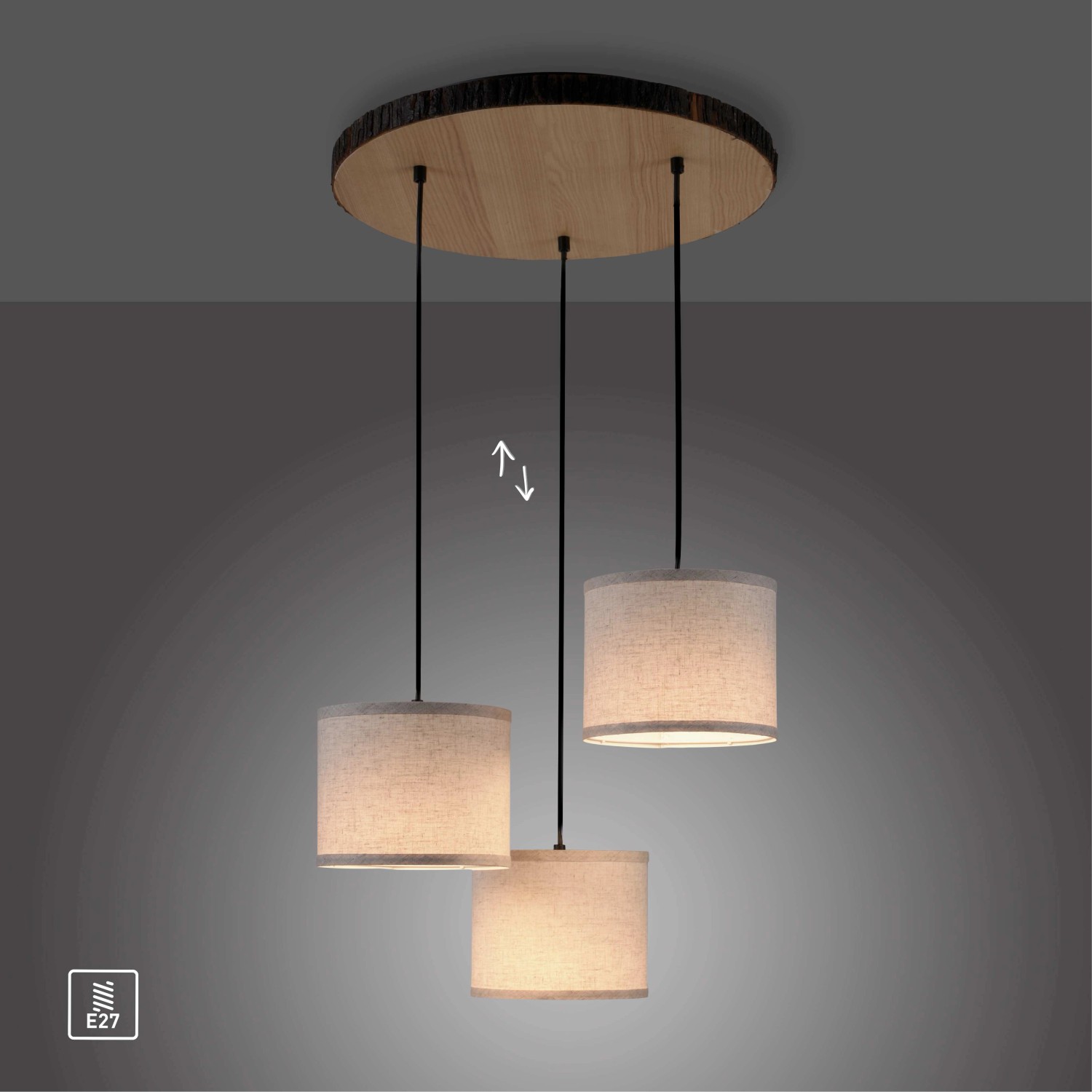 Just Light Pendelleuchte Bark mit 3 Schirmen, Holzdekor, höhenverstellbar.